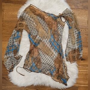 Vintage Sheer Patterned Long-Sleeve Women's Top in Brown & Blue